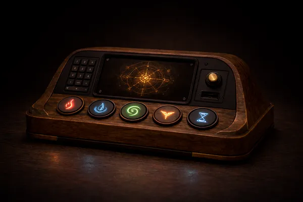 Puinen pakohuoneen laite, jossa on näyttö, näppäimistö ja valoa hohtavat symboli poletit. Arvokas puinen viimeistely.