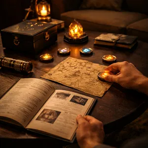 Pelijohtajan käsikirja ja pakohuoneen komponentteja pöydällä