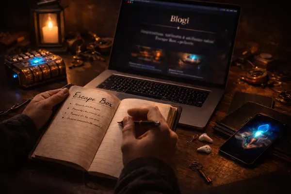 Muistikirja ihmisen käsissä, taustalla läppäri, jonka näytöllä blogi, ympärillä pakohuoneartefakteja