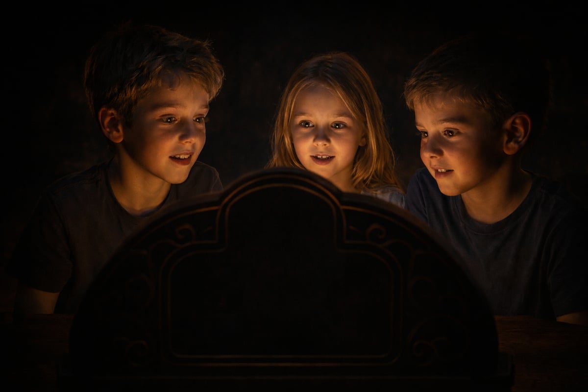Kolme lasta katsovat näyttöä hämärrässä tilassa. Näytön valo valaisee lasten kasvoja
