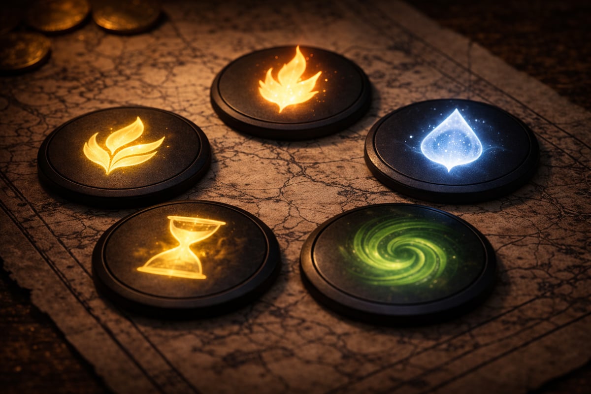 Mustia poletteja joissa hohtava värilliset voiman symbolit